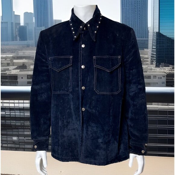 70s Vintage Studded Dagger Collar Blue Velvet Jacket Men’s L Rock Concert Stage - Picture 1 of 12